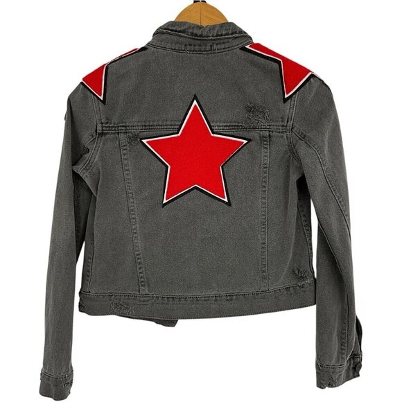 CARMAR Denim Jacket Charcoal Gray Red Shoulder Stars Size S Buttons - Picture 5 of 8
